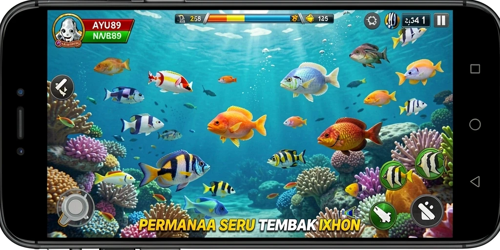 Screenshot gameplay AYU89 menampilkan aksi menembak ikan yang seru.