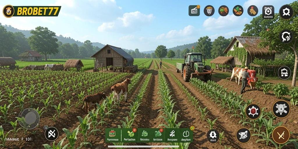Screenshot gameplay BROBET77 menampilkan keindahan pertanian yang interaktif.