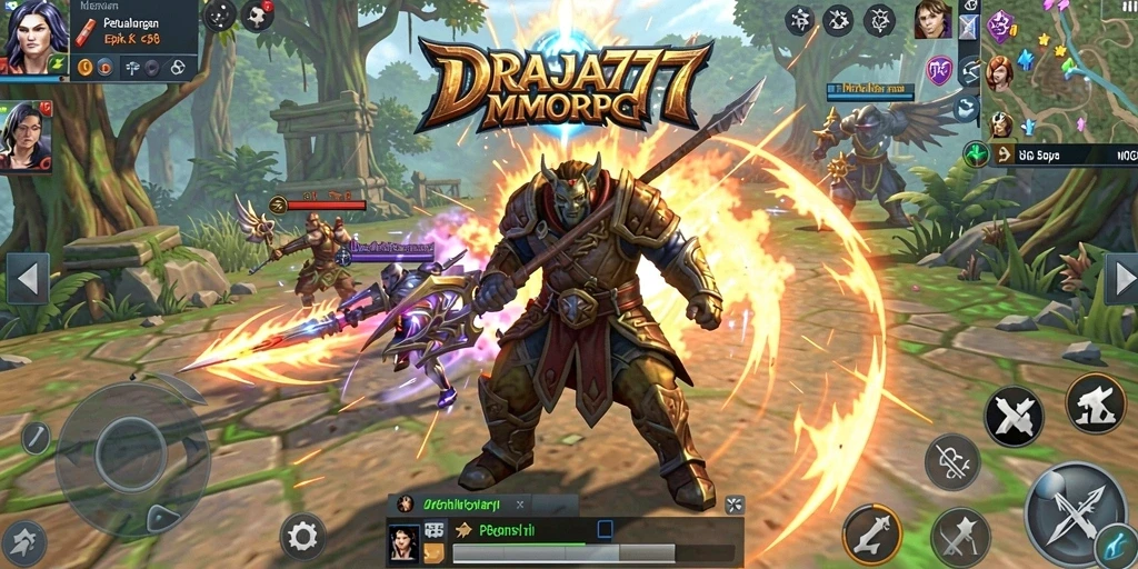 Screenshot gameplay DRAJA777 menampilkan pertarungan epik dalam dunia MMORPG.