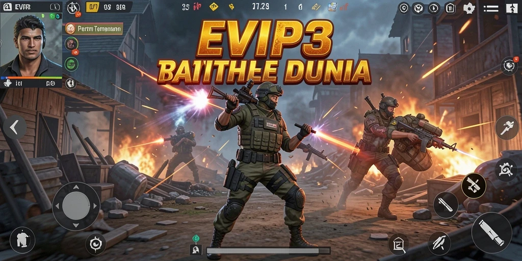 Screenshot gameplay EVIP3 menunjukkan aksi pertempuran yang seru.