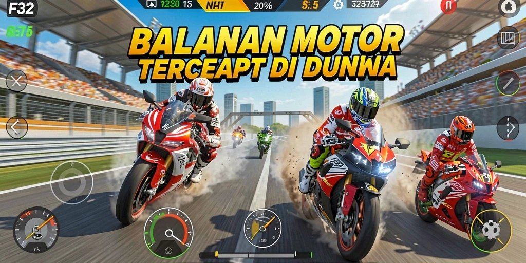 Gameplay seru F32 menunjukkan balapan motor yang mendebarkan.