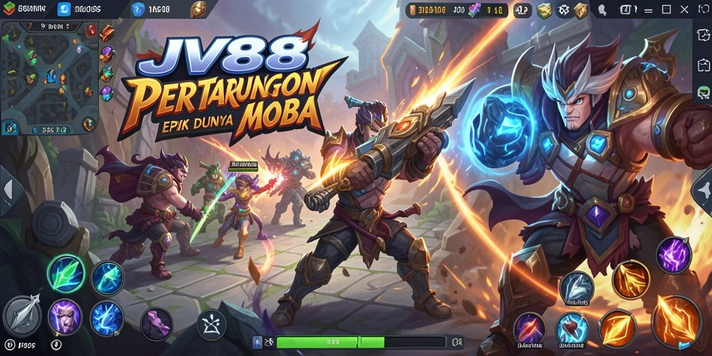 Tampilan gameplay epik dalam JV88 dengan pertarungan tim MOBA.