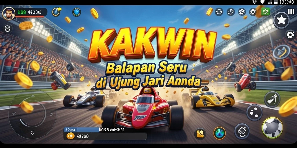 Screenshot gameplay KAKWIN menampilkan aksi balapan yang mendebarkan.