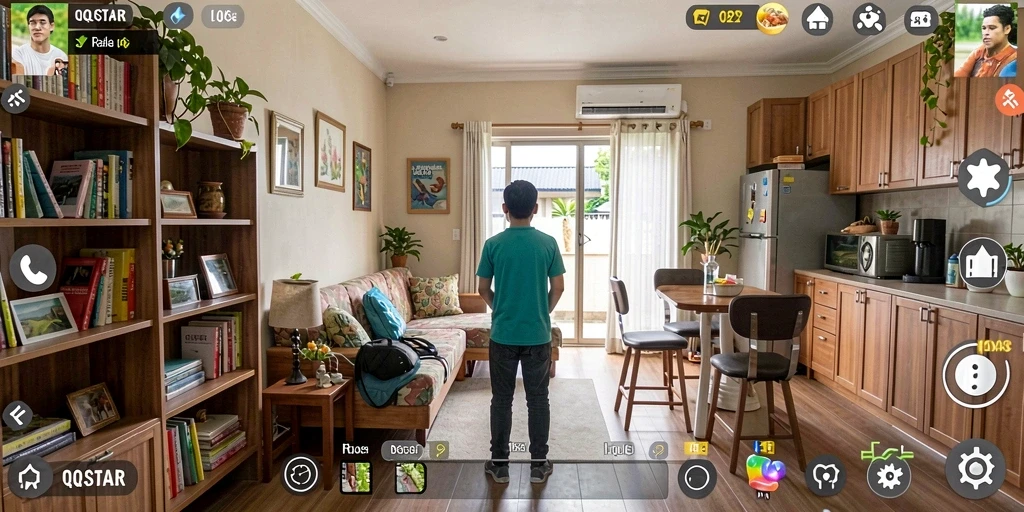 Tampilan gameplay <strong>QQSTAR</strong> dengan simulasi kehidupan yang mendetail.